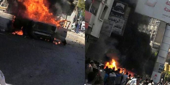 متظاهرون في إب يحرقون طقما حوثيا بعد أن أطلق المسلحون الذين كانوا على متنه الرصاص وأصابوا 5 متظاهرين