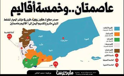 الرئيس عبدربه منصور هادي يدعم تقسيم اليمن إلى 5 أقاليم وعاصمتان (الأسماء)