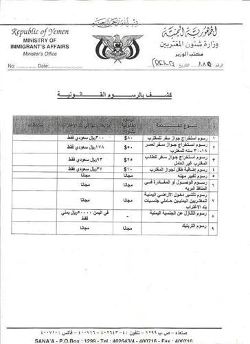وزارة المغتربين اليمنية تعمم كشفاً بالرسوم القانونية الجديدة للمغتربين
