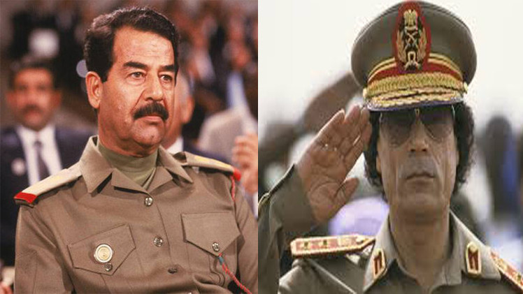 الزعيمان الليبي معمر القذافي والعراقي صدام حسين