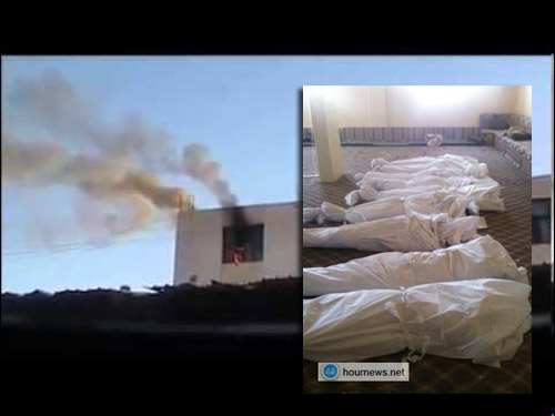 منزل يحترق وجثث قتلى سقطوا بقصف مليشيات الحوثي أثناء حصارها لمنط