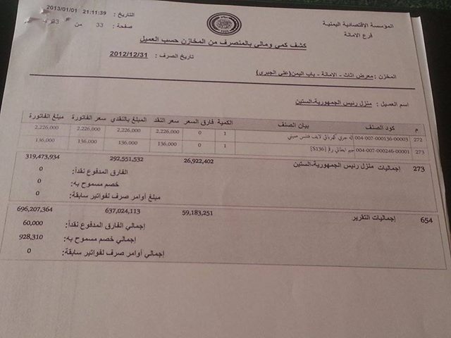 تأثيث منزل تابع للرئيس هادي بتكلفة 696 مليون ريال من مخازن المؤسسة الاقتصادية اليمنية ( وثيقة)