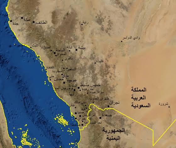 خريطة الحد الجنوبي للمملكة العربية السعودية 