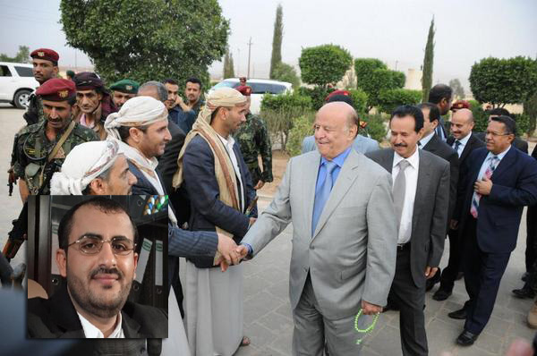 الرئيس هادي أثناء وصوله لمدينة عمران يوم الأربعاء الماضي وفي الإ